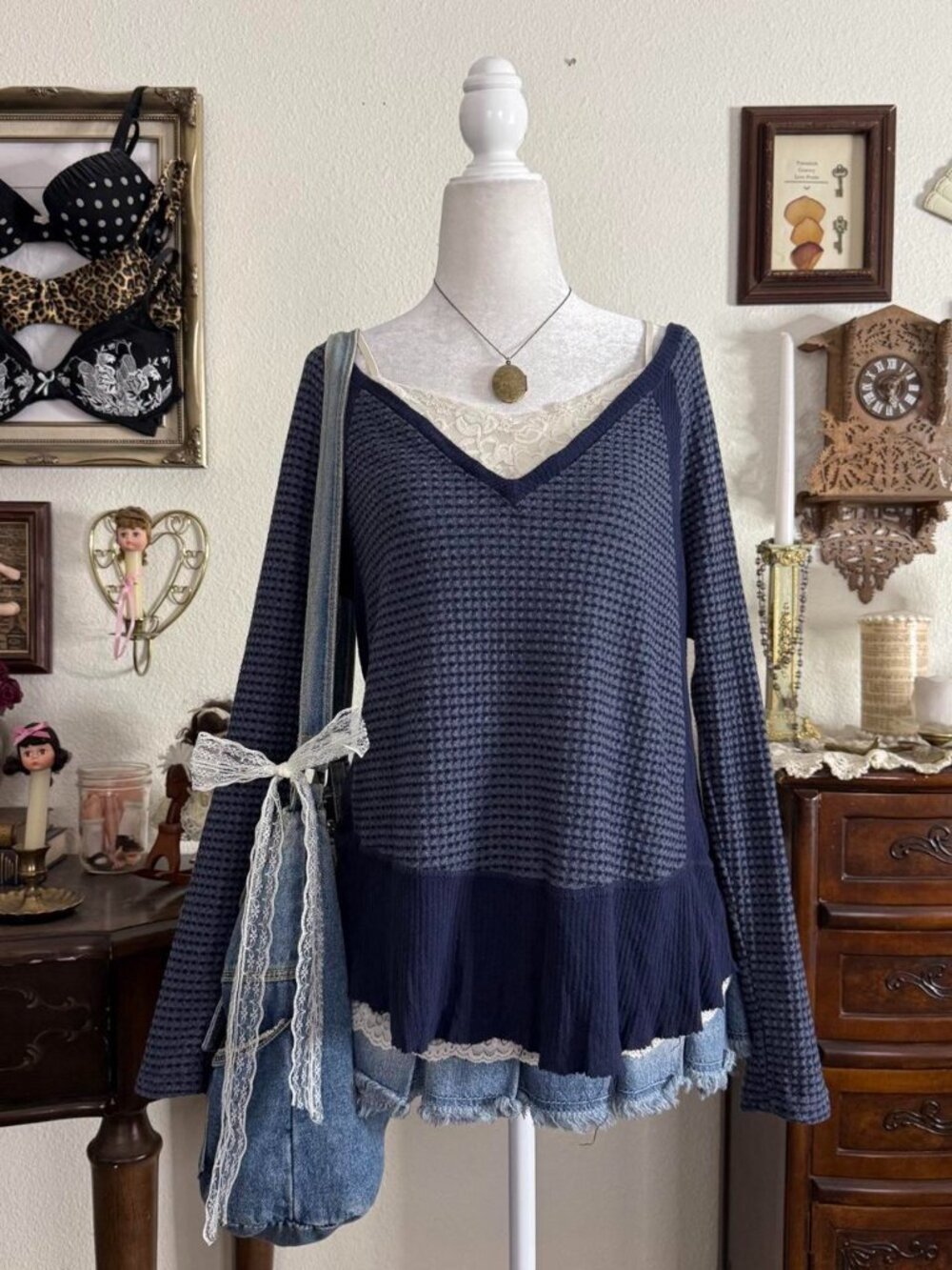 Boho girly grunge blue waffle knit slouchy distressed long sleeve top
